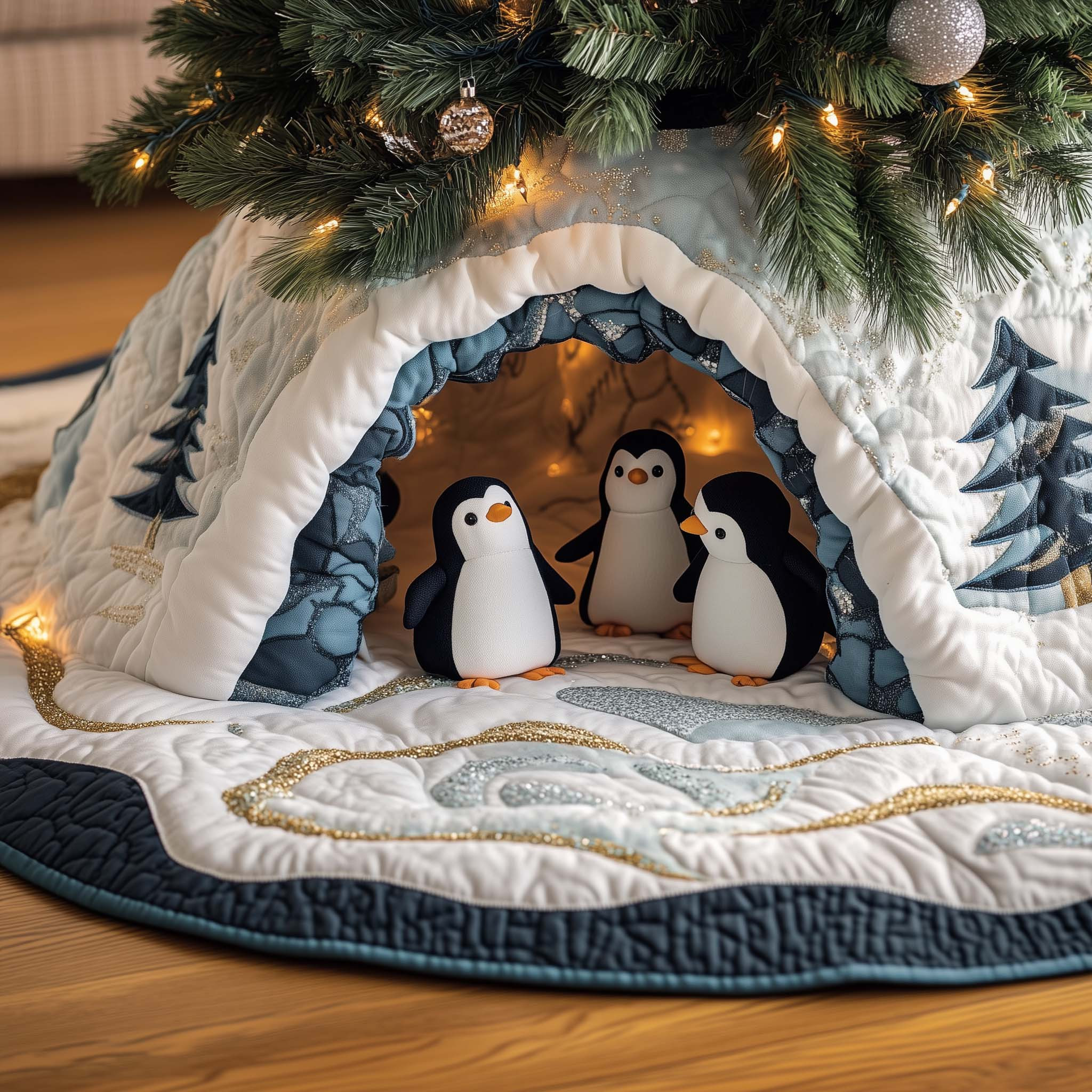 Cozy Penguin Family Quilted Tree Skirt Home Decor For Family Penguin Lover Xmas Gifts