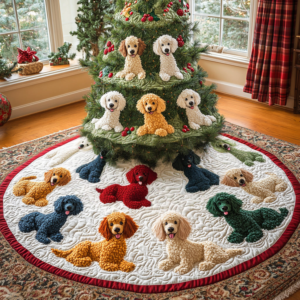 Cozy Poodle Christmas Quilted Christmas Tree Skirt Unique Holiday Gift Merch for Family Homes
