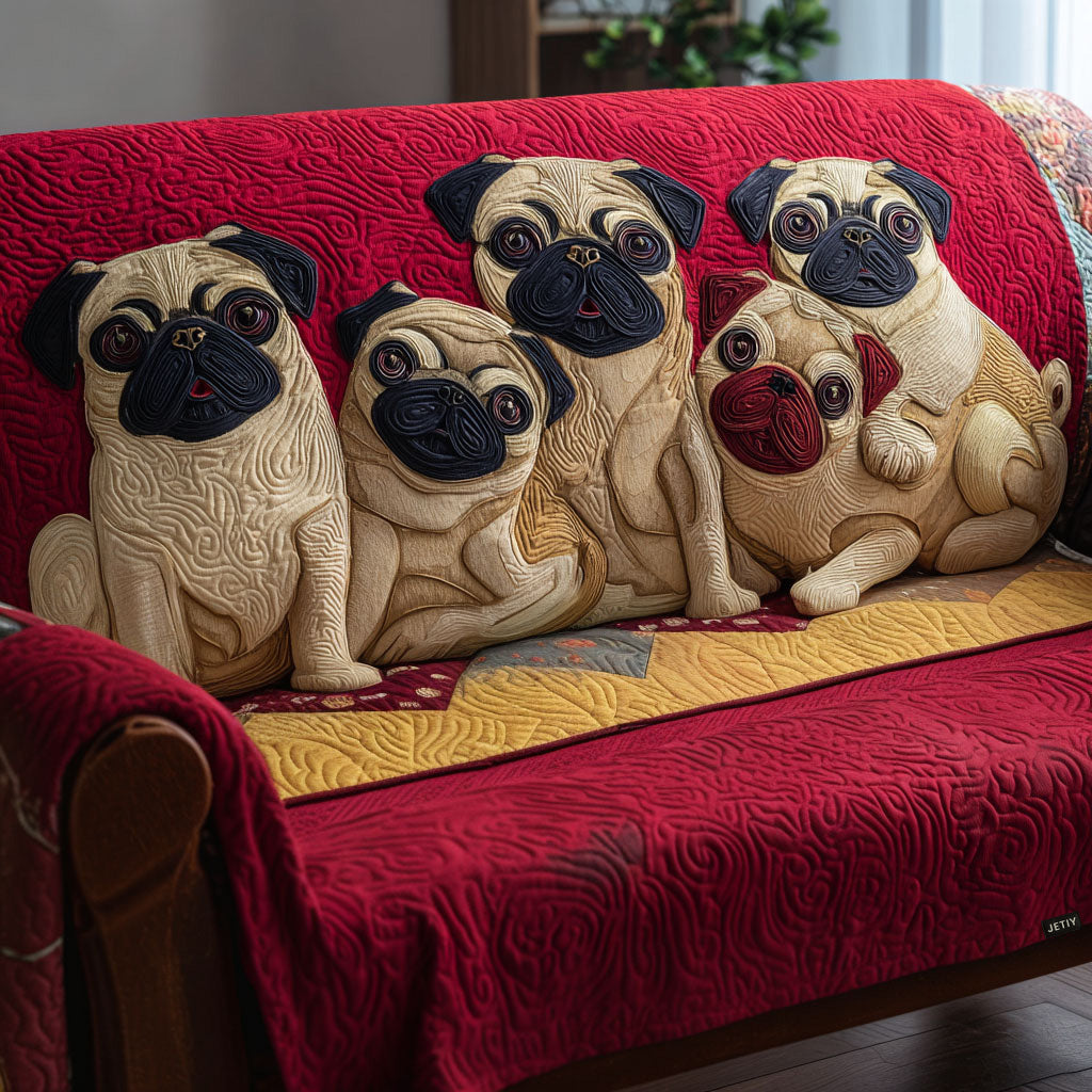 Cozy Pug Gathering Quilted Sofa Cover Christmas Living Decor Pug Christmas Presents