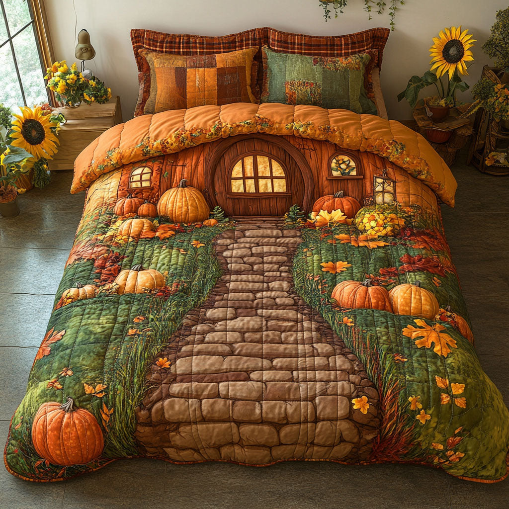 Cozy Pumpkin Dwelling Quilted Bedding Set Bed Room Decoration Unique Fall Gifts