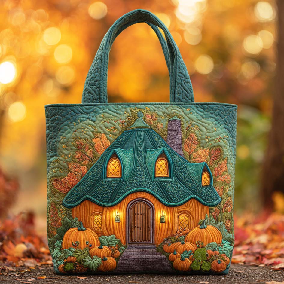Cozy Pumpkin House Quilted Tote Bag Fall Autumn Season Gifts