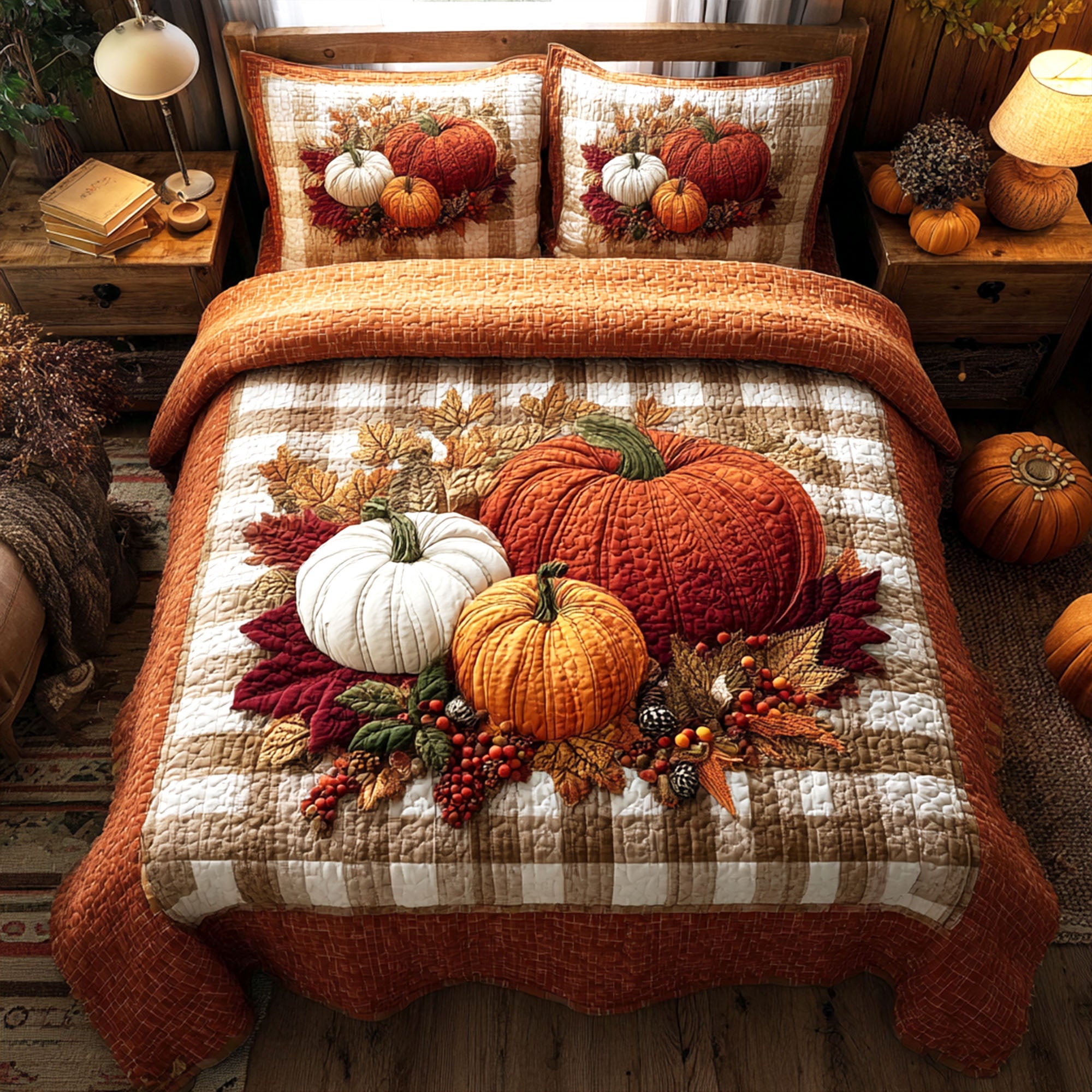 Cozy Pumpkin Nest Quilted Bedding Set Holiday Duvet Cover Set Thanksgiving Day Gifts