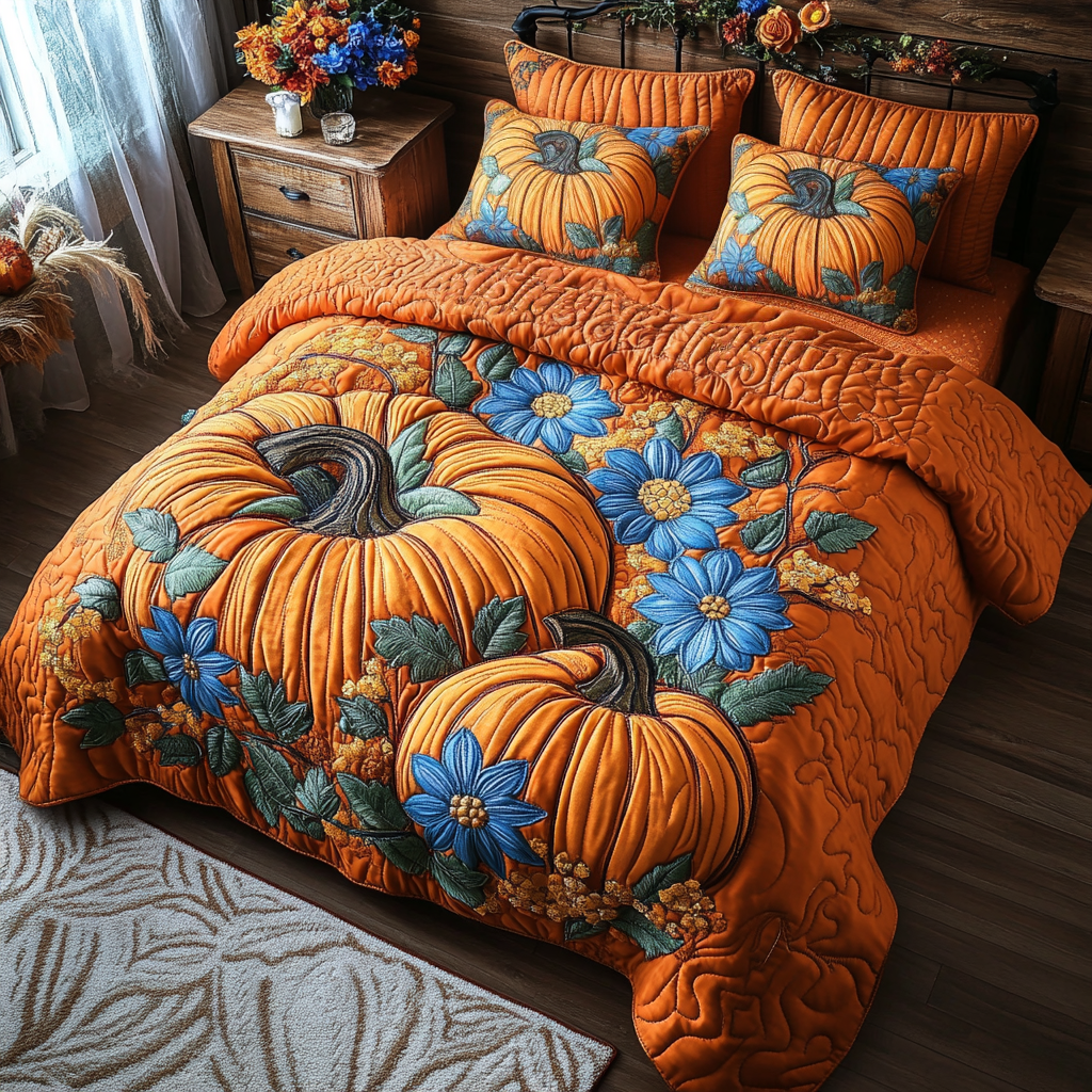 Cozy Pumpkin Quilted Bedding Set Cute Room Decor Autumn Gift Ideas