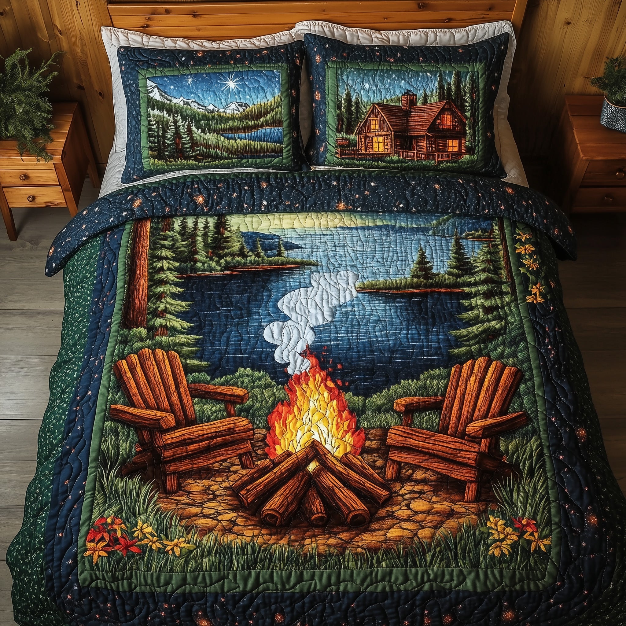 Cozy Retreat Quilted Bedding Set Duvet Cover Bedspread Themed Camping Gifts Items