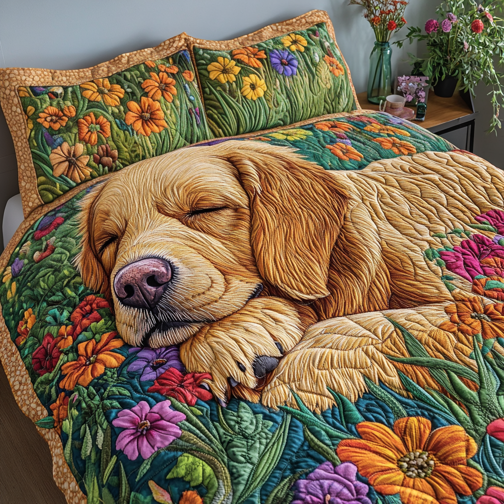 Cozy Retriever Quilted Bedding Set Premium Duvet Cover Gift Set for Mom or Grandma