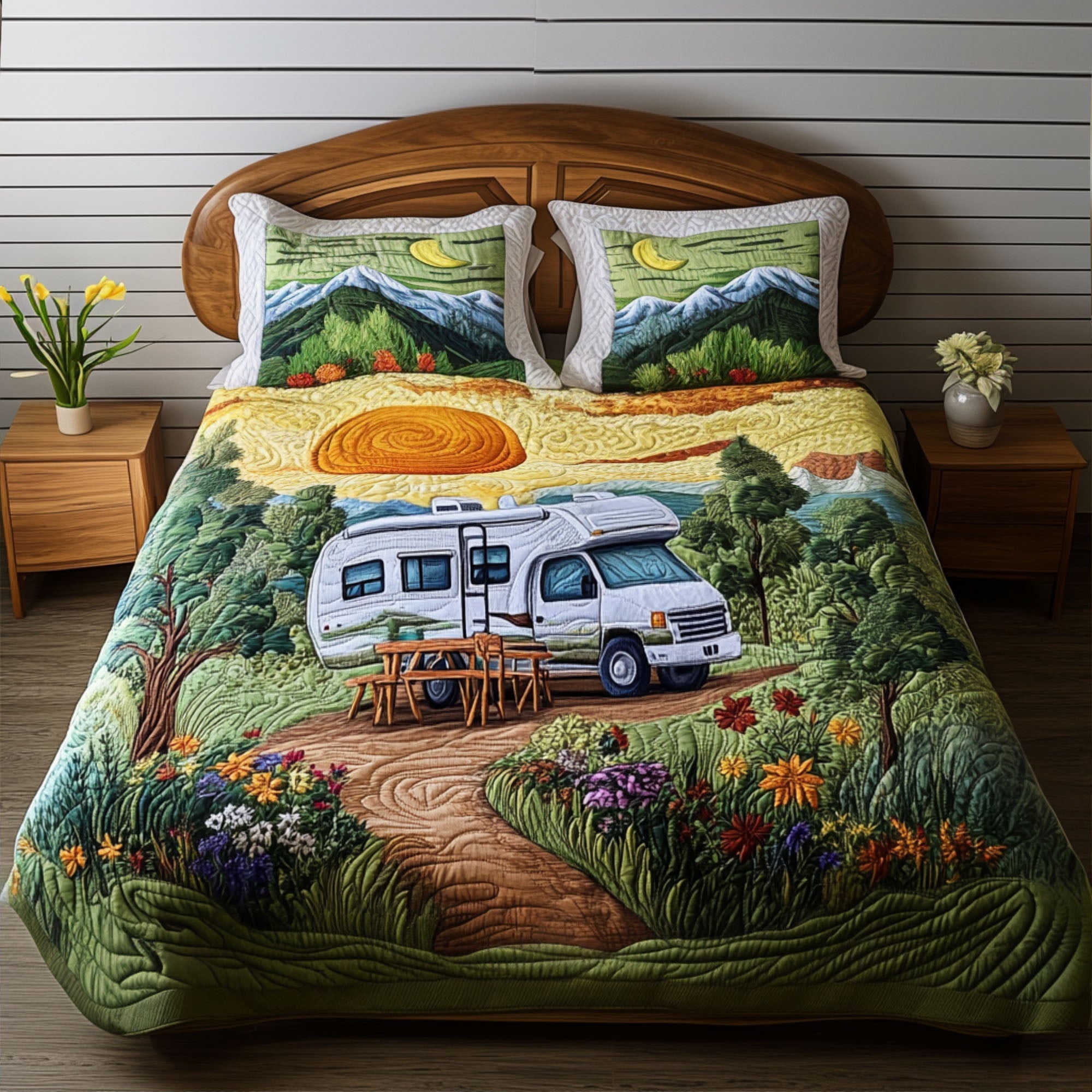 Cozy Road Haven Quilted Bedding Set Bed Decorations Hippy Christmas Gifts