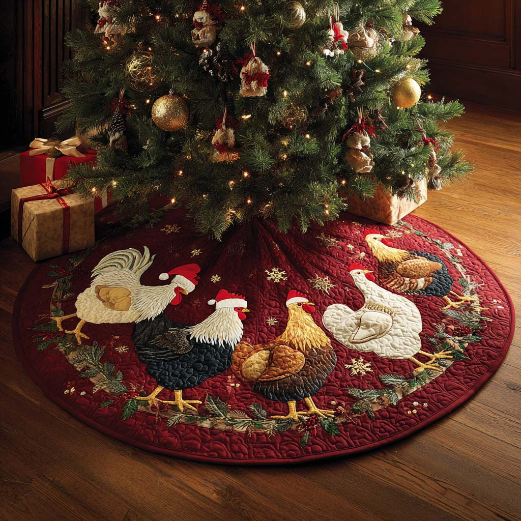 Cozy Rooster Christmas Quilted Tree Skirt Christmas Tree Decor Xmas Gifts For Chicken Lovers