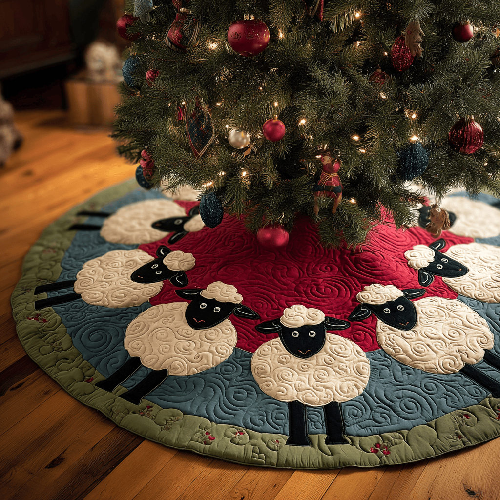 Cozy Sheep Christmas Quilted Tree Skirt Winter Home Decor Xmas Gifts For Sheep Lovers