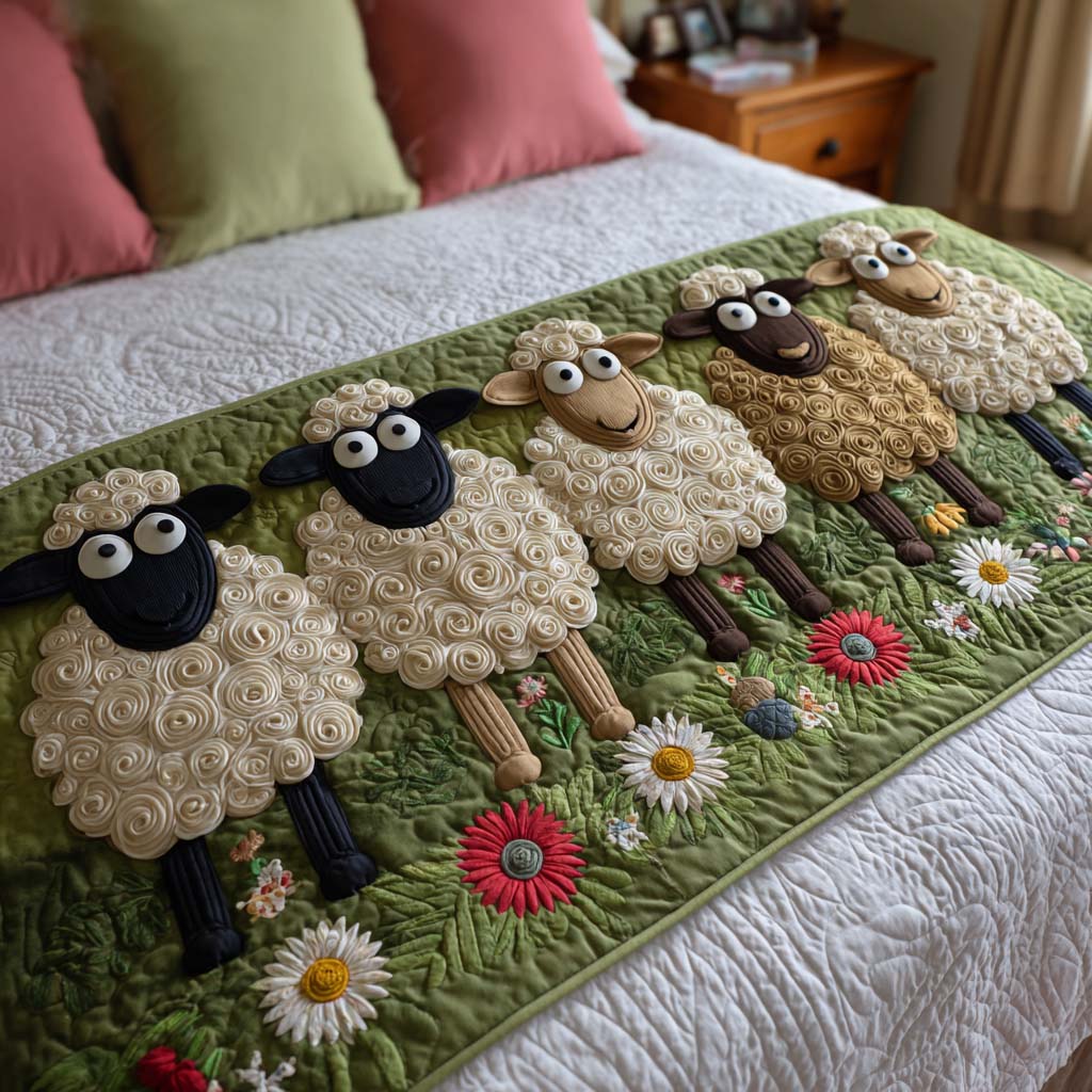 Cozy Sheep Quilted Bed Runner Cool Bedroom Decor Gifts For Sheep Lovers