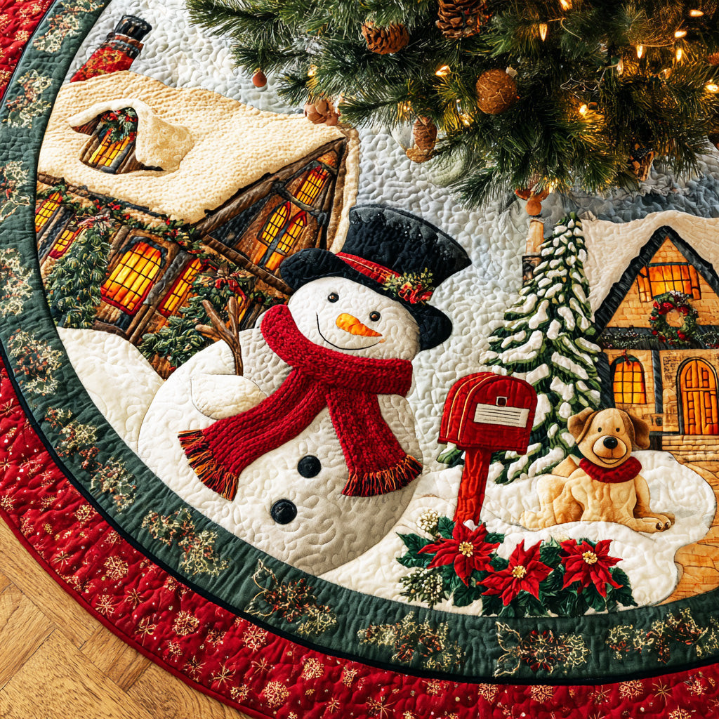 Cozy Snow Gathering Christmas Quilted Tree Skirt Xmas Decor Snowman Lover Christmas Gifts