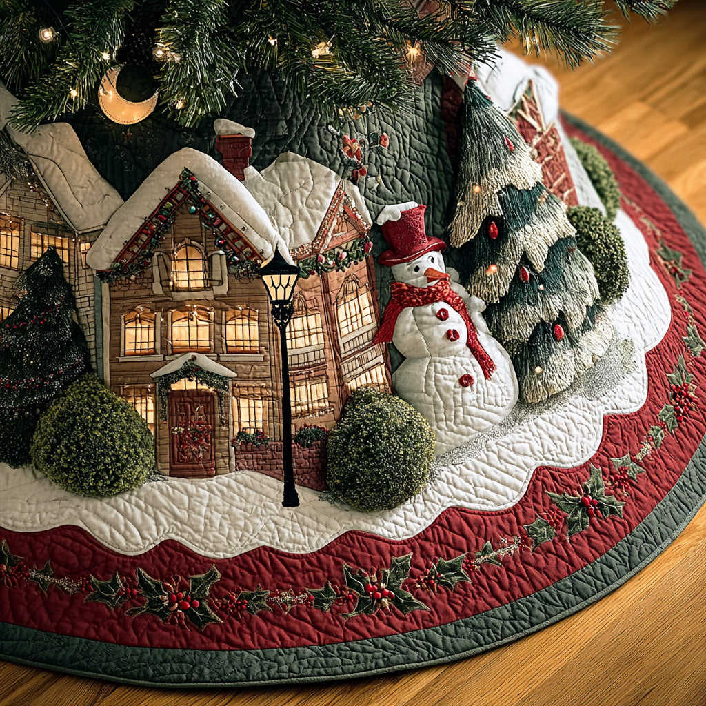 Cozy Snow Village Christmas Quilted Tree Skirt Modern Quilted Tree Skirt for Trendy Home Decoration