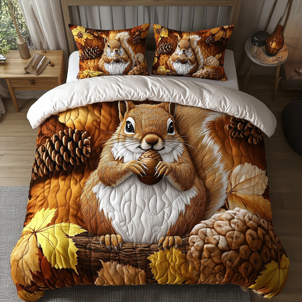 Cozy Squirrel Quilted Bedding Set Unique Bed Sheet Set Gift For Mid Autumn Festival