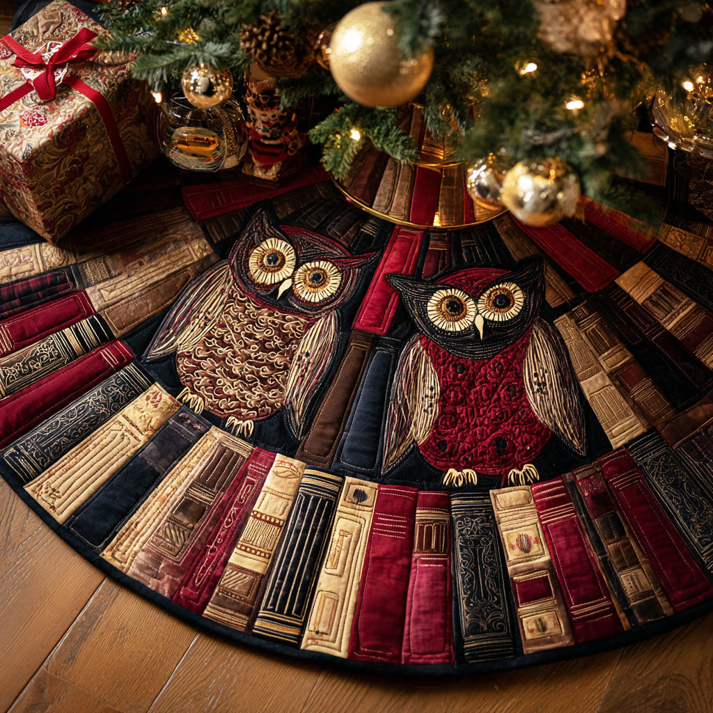 Cozy Study Owl Christmas Quilted Tree Skirt Holiday Home Decor Christmas Gifts For Book Lovers