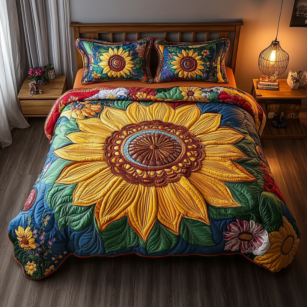 Cozy Sunflower Haven Quilted Bedding Set Soft and Cozy Bedding Set for Comfortable Sleep