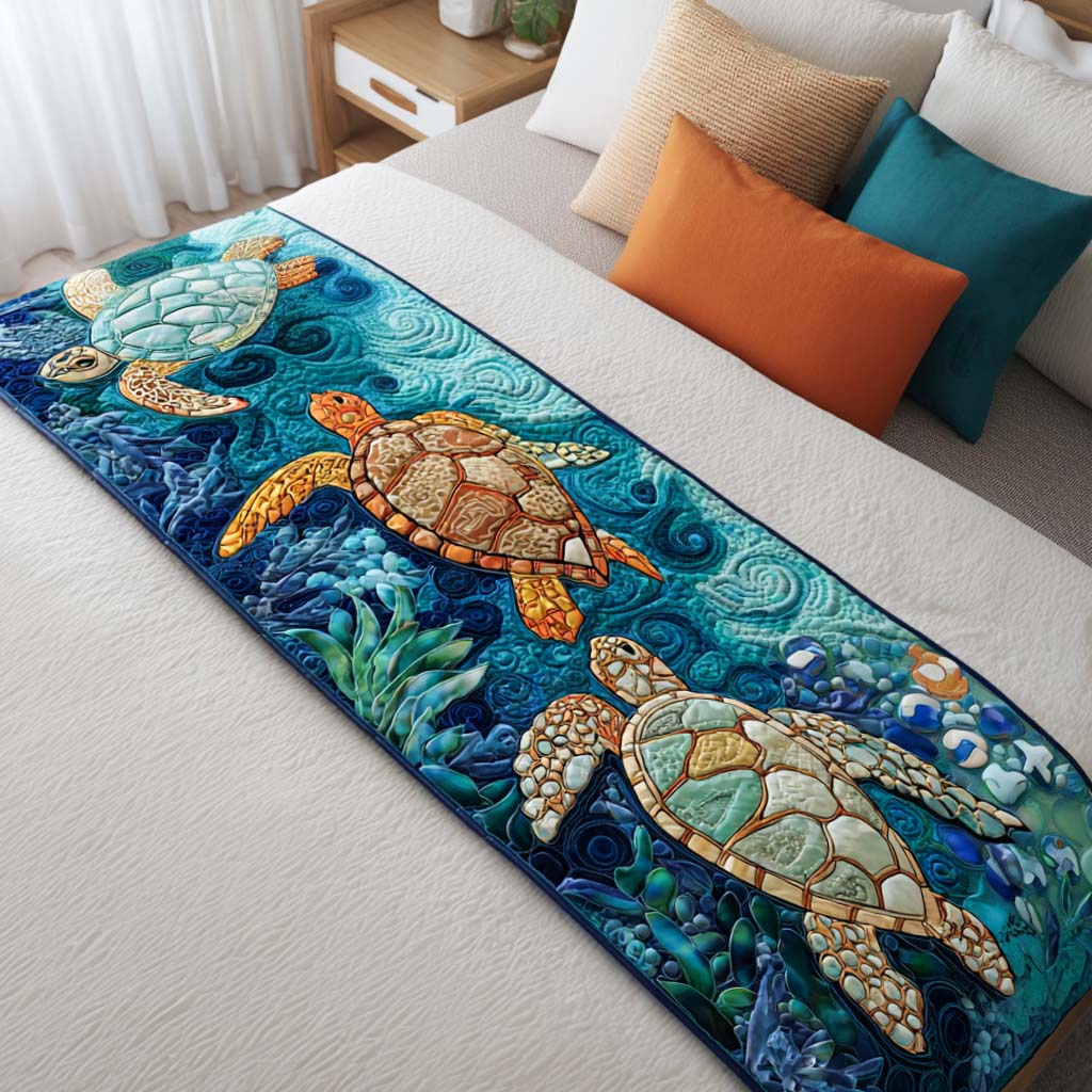 Cozy Turtle Lane Quilted Bed Runner Bed Decorations Gifts For Sea Turtle Lovers