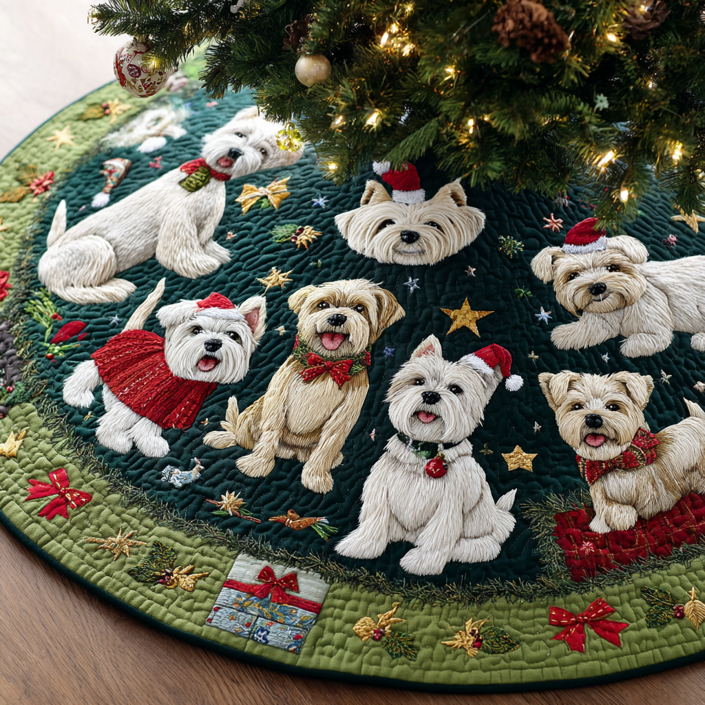 Cozy West Highland Terrier Christmas Quilted Tree Skirt Xmas Decorations Yorkshire Terrier Stuff