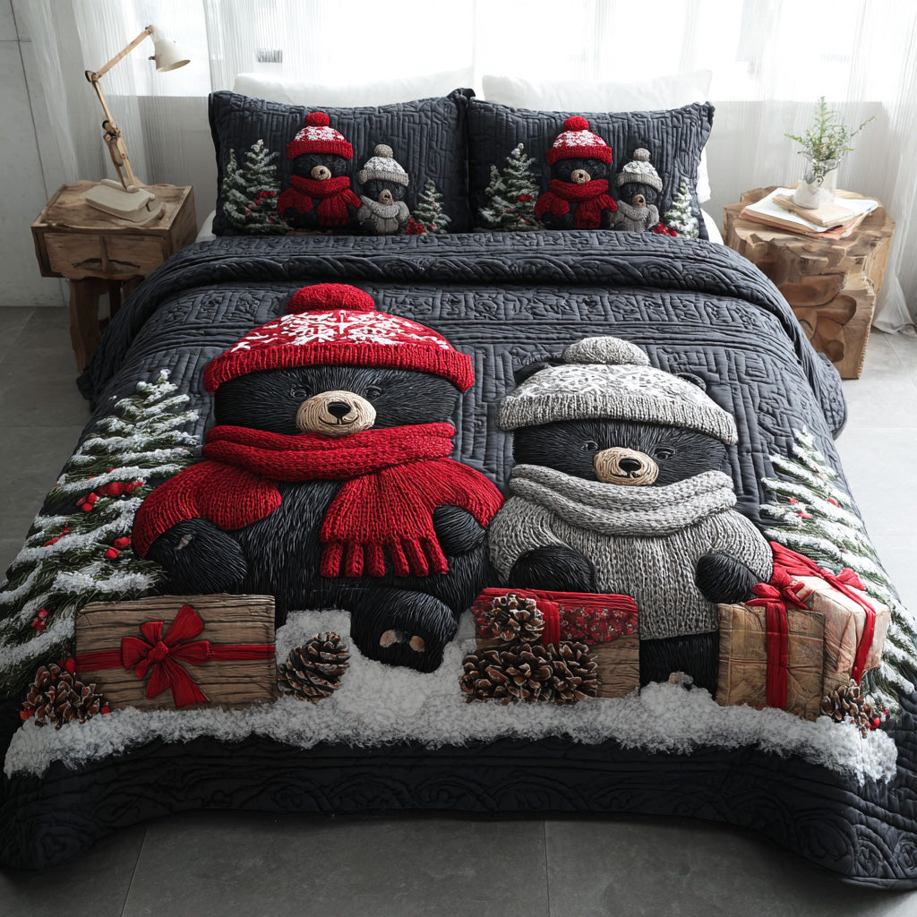 Cozy Winter Bear Quilted Bedding Set Xmas Duvet Sets Family Gift Ideas For Christmas