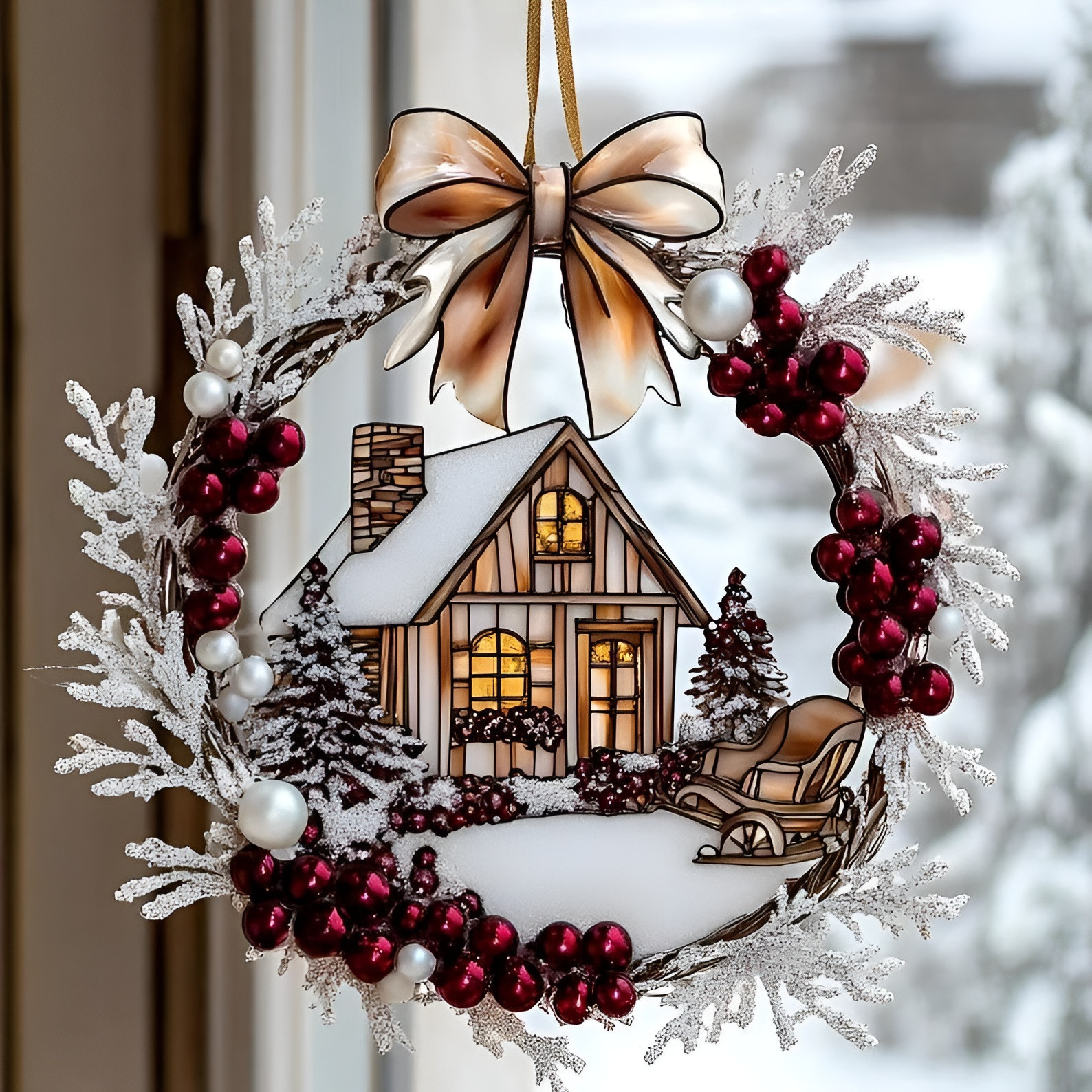 Cozy Winter Cottage Wreath Christmas Ornament Home Decor Items Xmas Accessories Gifts For Her