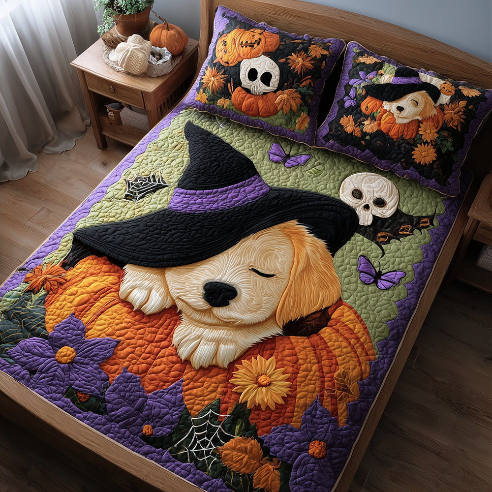Cozy Witch Retriever Quilted Bedding Set Spooky Bed Sheets Gifts With Golden Retrievers On Them