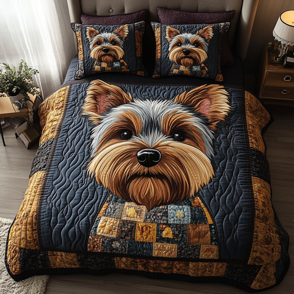 Cozy Yorkie Quilted Bedding Set Heartwarming Bedding Gift for Loved Ones