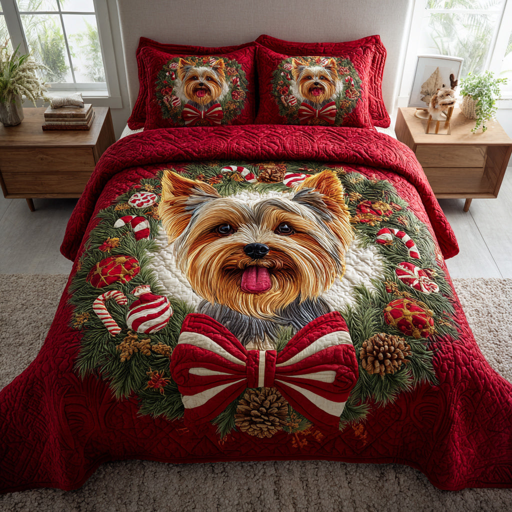 Cozy Yorkshire Terrier Quilted Bedding Set Xmas Holiday Duvet Cover Set Yorkshire Terrier Merchandise