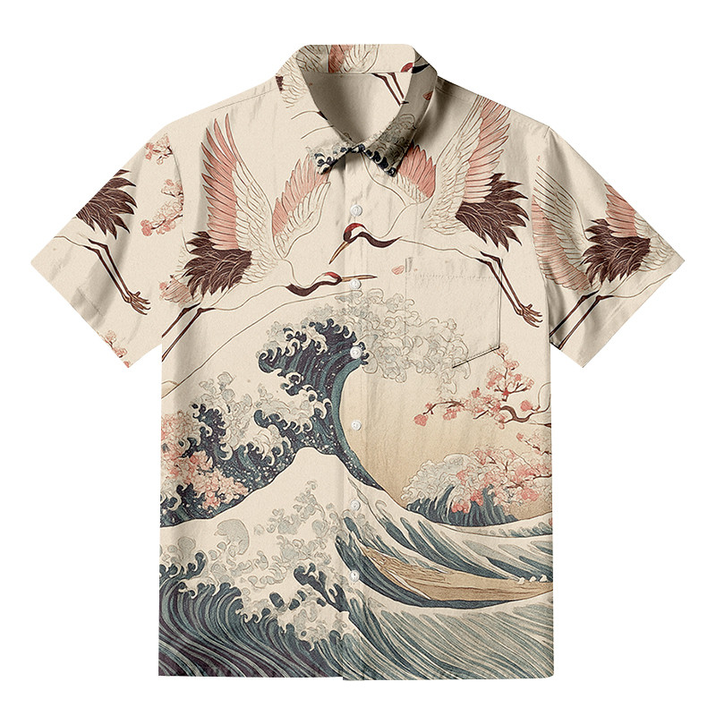 Cranes Dancing On The Waves Aloha Buttonup Shirt Japanese Art Shirt Good Gifts For Him