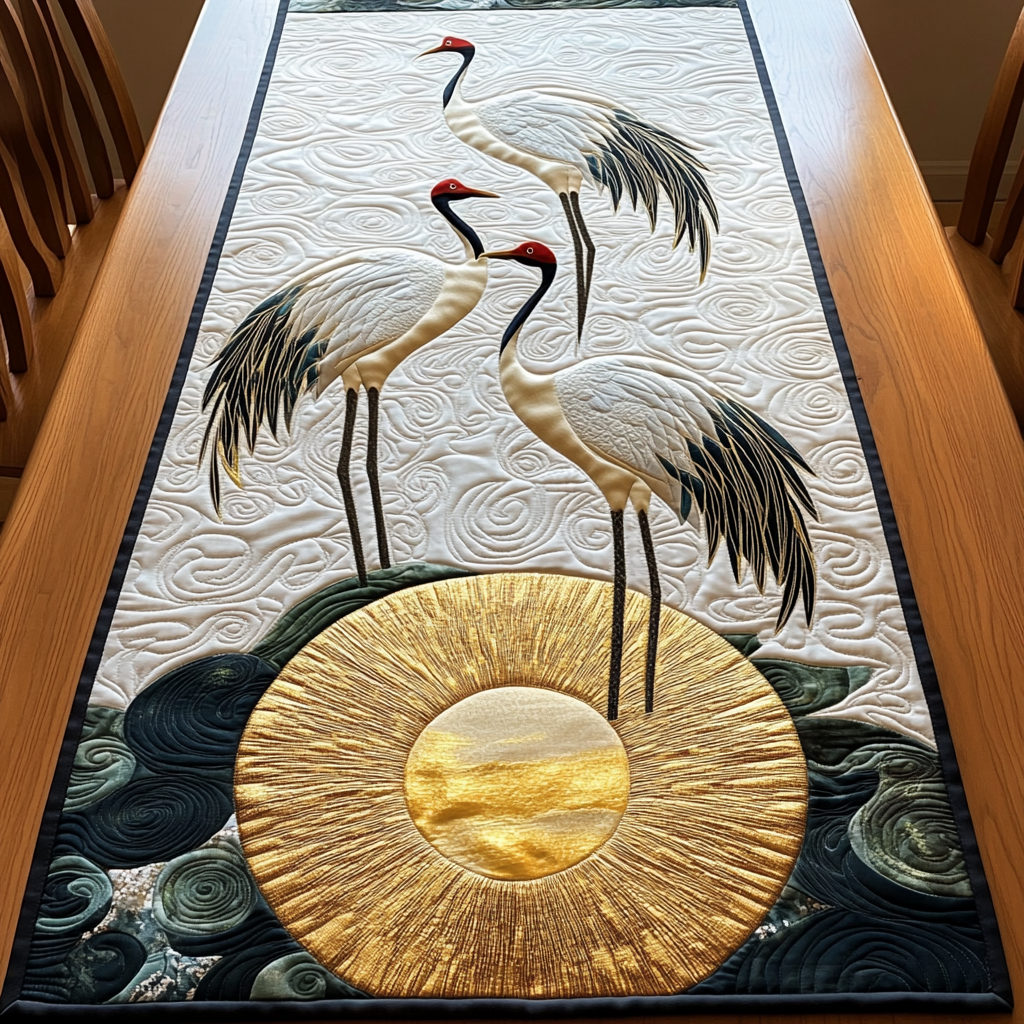 Cranes in Moon Night Quilted Table Runner Best Christmas Gifts For Couples Housewarning
