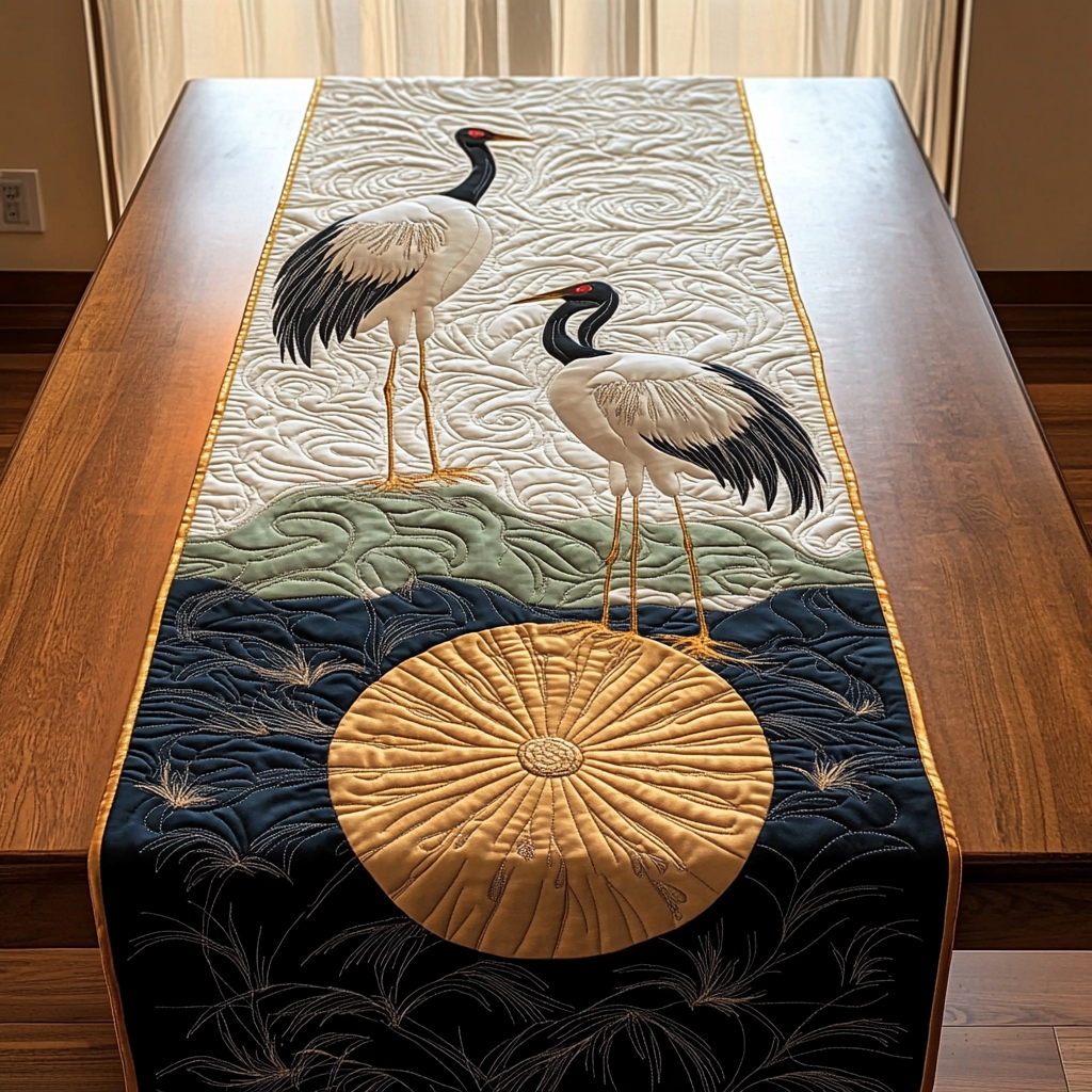 Cranes in Moon Night Quilted Table Runner Best Christmas Gifts For Couples Housewarning