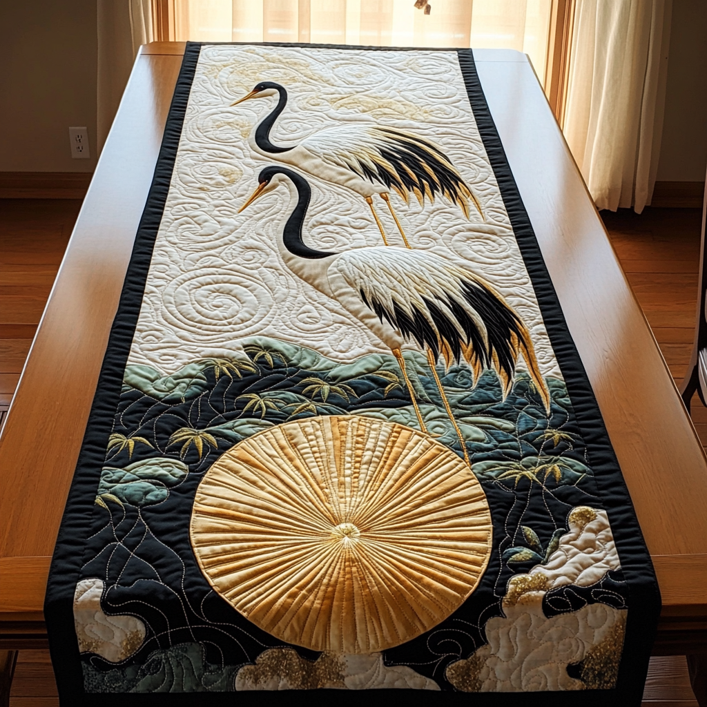 Cranes in Moon Night Quilted Table Runner Home Decorations Christmas Gifts For Grandparents