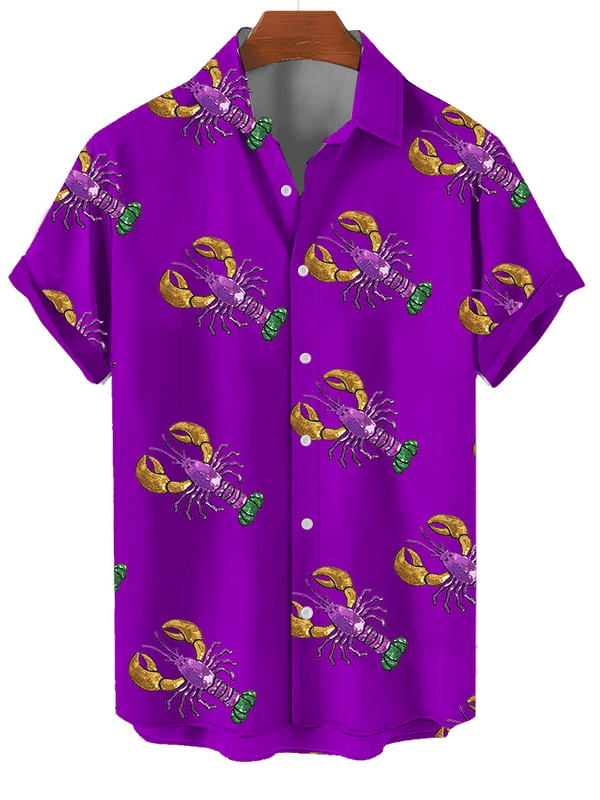 Crawfish Mardi Gras Hawaiian Shirt Men's Button Down Mardi Gras Shirts Fleur De Lis Clothing