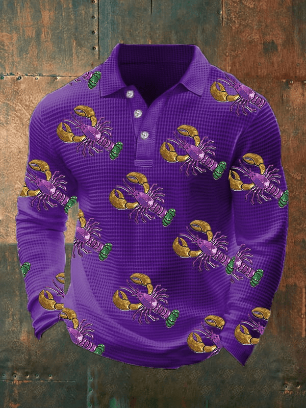 Crawfish Mardi Gras Waffle Long Sleeve Polo Shirt Fleur De Lis Mardi Gras Apparel Purple