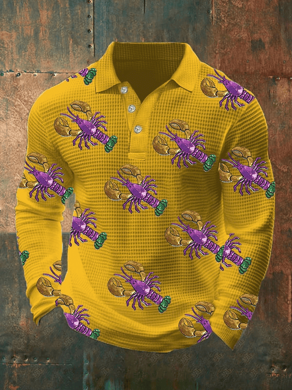 Crawfish Mardi Gras Waffle Long Sleeve Polo Shirt Fleur De Lis Mardi Gras Apparel Yellow