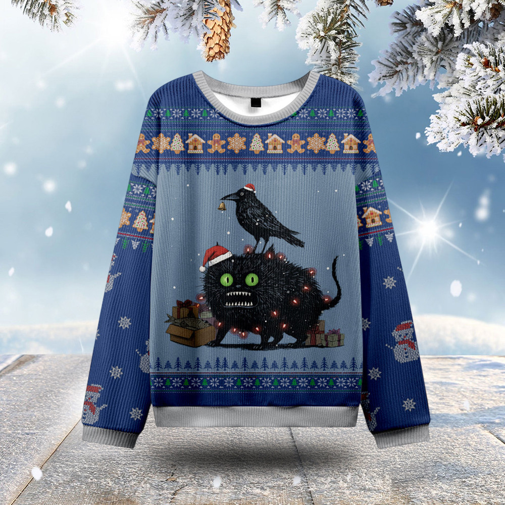 Crazy Cat And Crow Ugly Christmas Sweater Holiday Apparel Gag Gifts For Christmas