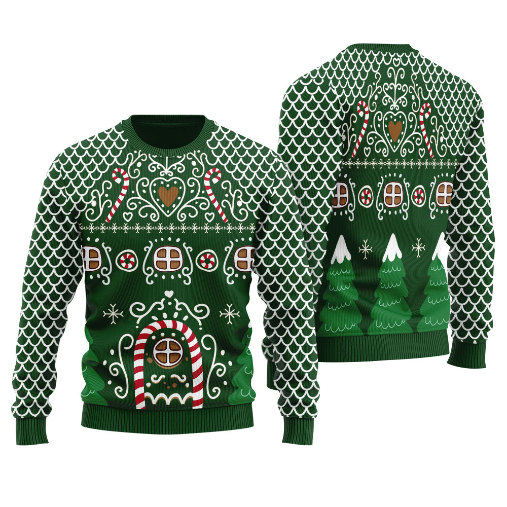 Creative Gingerbread House Mens Ugly Christmas Sweater Cozy Christmas Sweater for Holiday Season