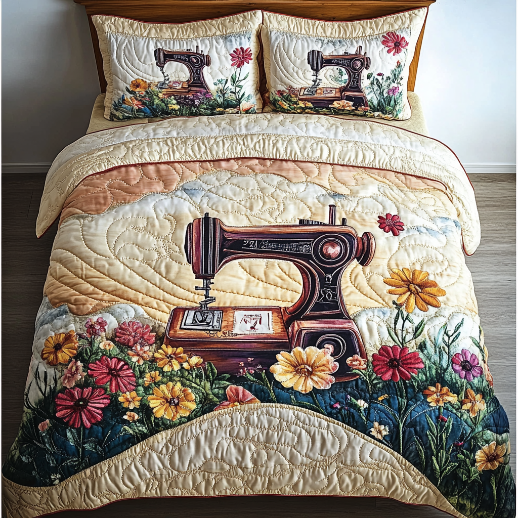 Creative Sewing Machine Quilted Bedding Set Bedspread Set Unique Sewing Gifts