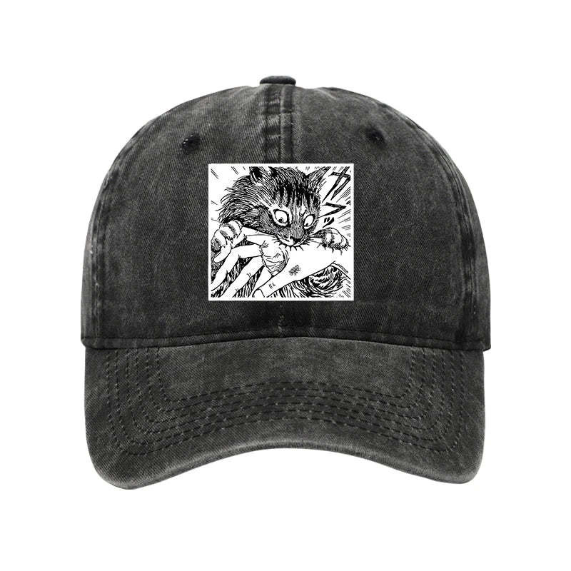 Creepy Cat Anime Horror Anteater Washed Hat Cartoon Art Trendy Baseball Cap Gifts