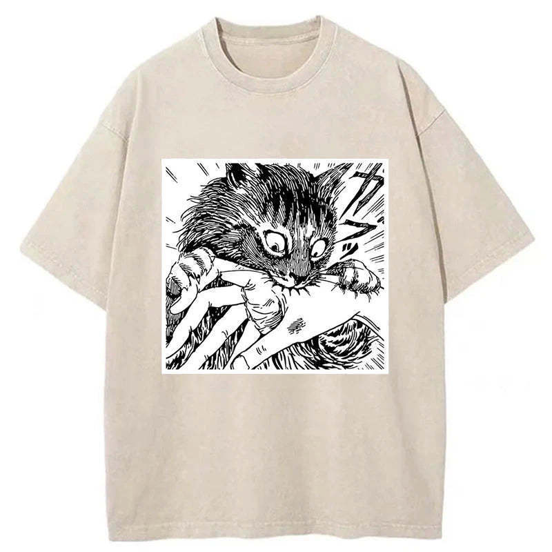 Creepy Cat Anime Horror Anteater Washed T-Shirt Soft Cotton Daily Wear Tee Gifts For Besties