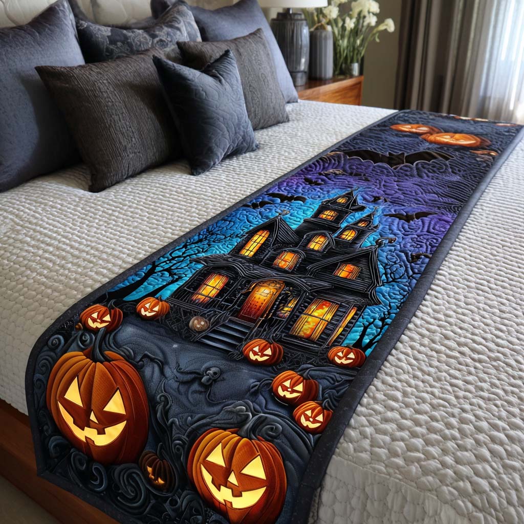 Creepy Charm Quilted Bed Runner Bed Decor Halloween Gifts For Adults