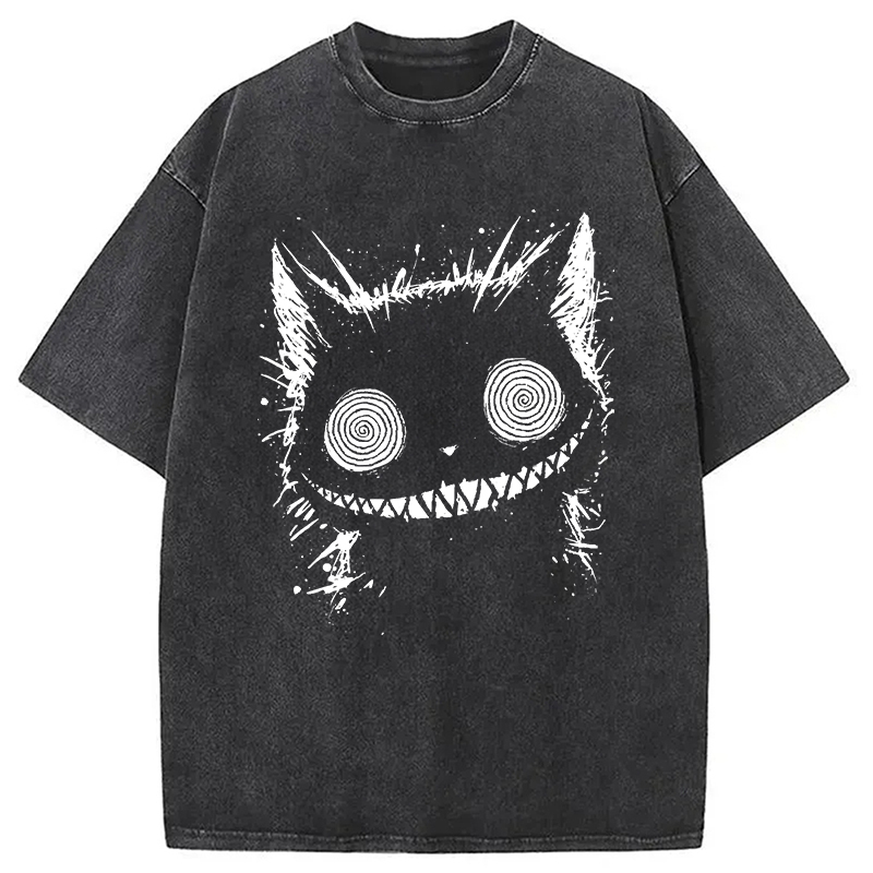 Creepy Cheshire Cat Washed T-Shirt Unique Aesthetic Fashion Tee Gifts For Besties