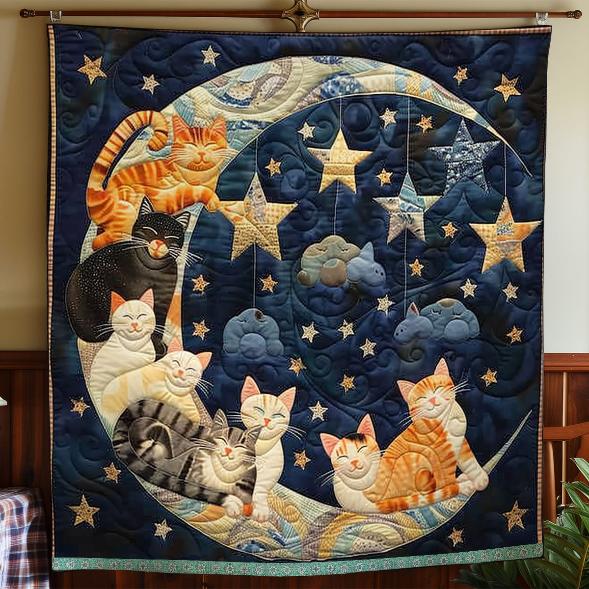 Crescent Moon Cats Rest Quilt Blanket King Size Throw Blanket Best Father's Day Gifts For Dad