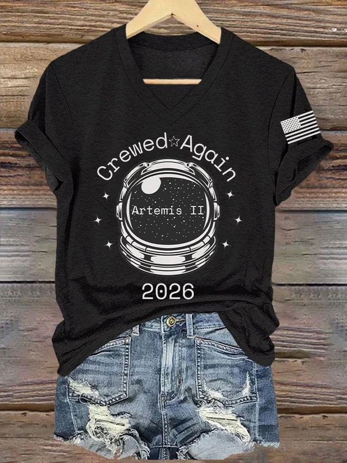 Crewed Again Artemis II 2026 V-Neck Shirt NASA Moon Mission Astronaut Merch Gift For Her