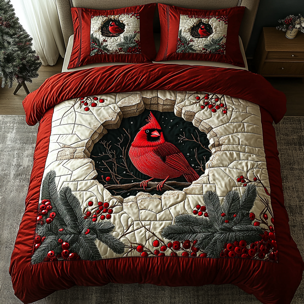 Crimson Birds Quilted Bedding Set Aesthetic Room Decor Gifts For Cardinal Lovers