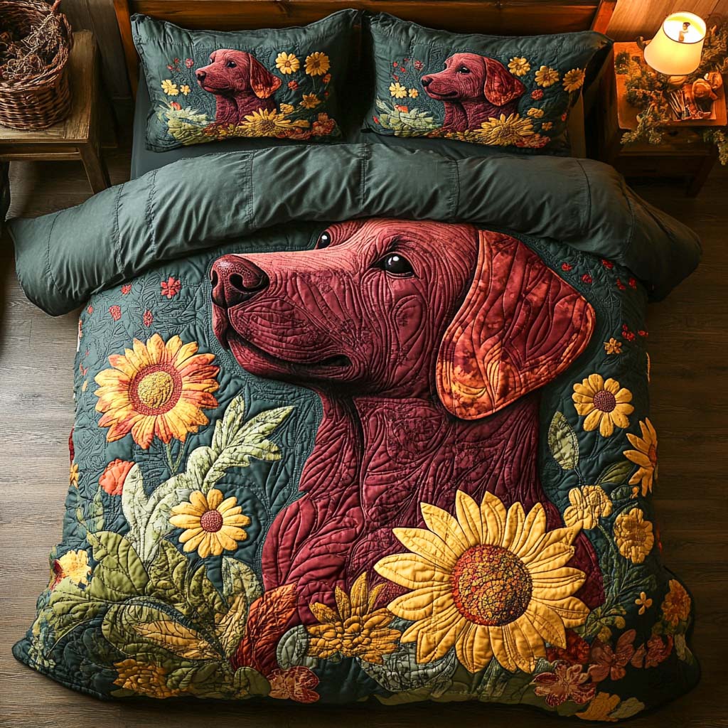 Crimson Bloom Quilted Bedding Set Christmas Bed Sheets Labrador Gifts For Dog Lovers