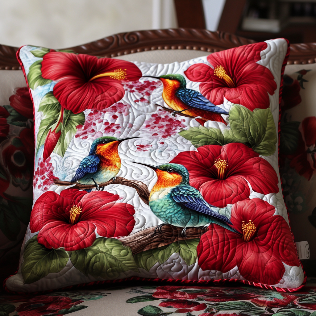 Crimson Blossom Pair Quilted Pillow Case Hummingbird Gifts For Ladies 