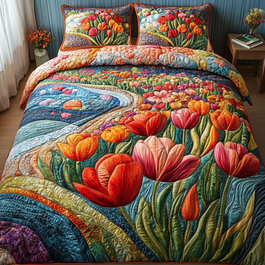 Crimson Buds Quilted Bedding Set Cute Room Decor Tulip Christmas Gifts