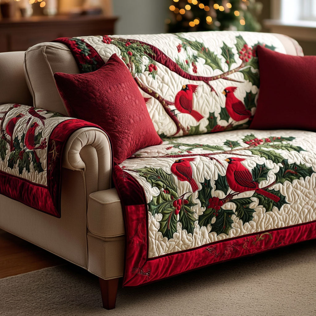 Crimson Cardinals Quilted Sofa Cover Living Room Winter Decor Gifts For Family