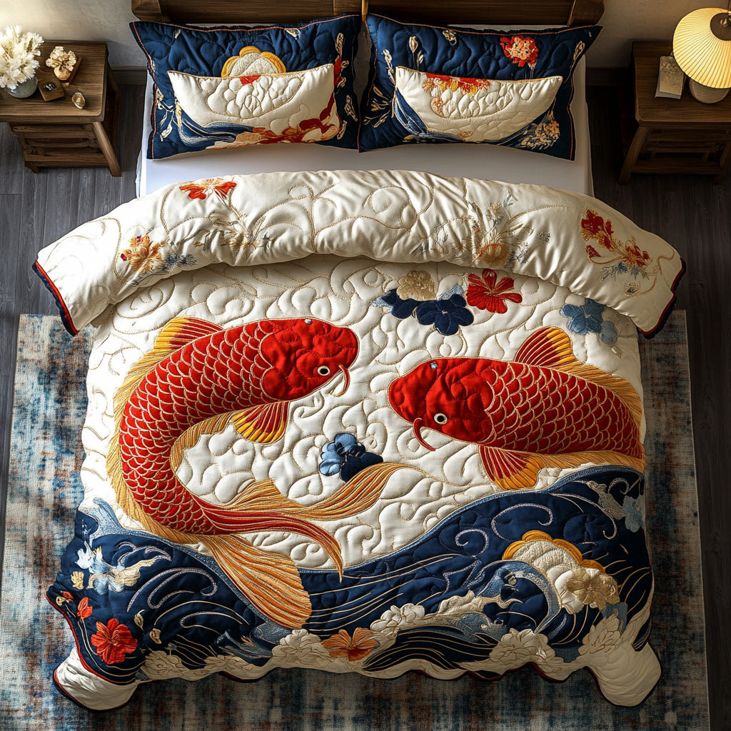 Crimson Current Quilted Bedding Set Cozy Bedroom Decor Gifts For Koi Lovers