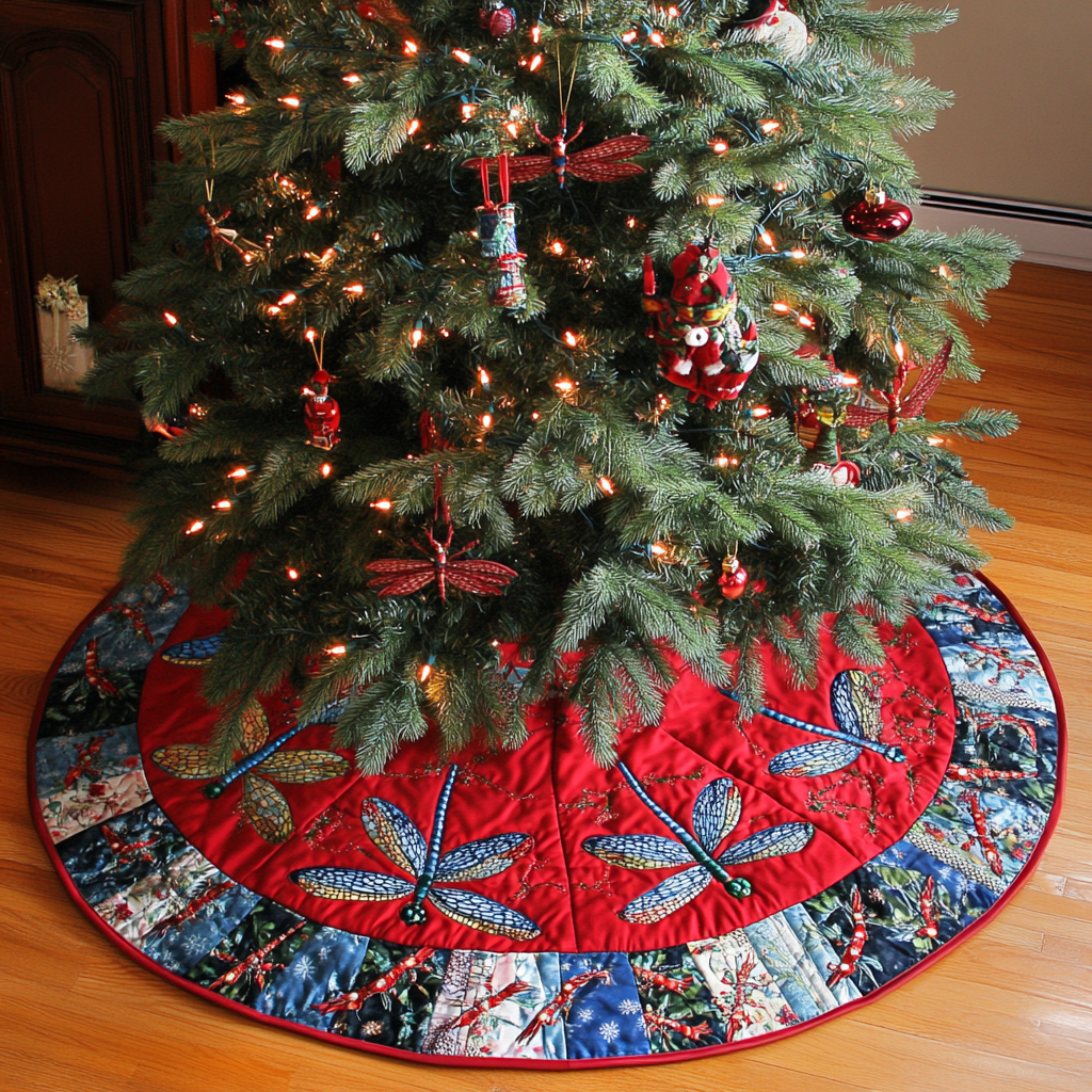 Crimson Dragonfly Christmas Quilted Tree Skirt Winter Decor Christmas Gifts For Dragonfly Lovers