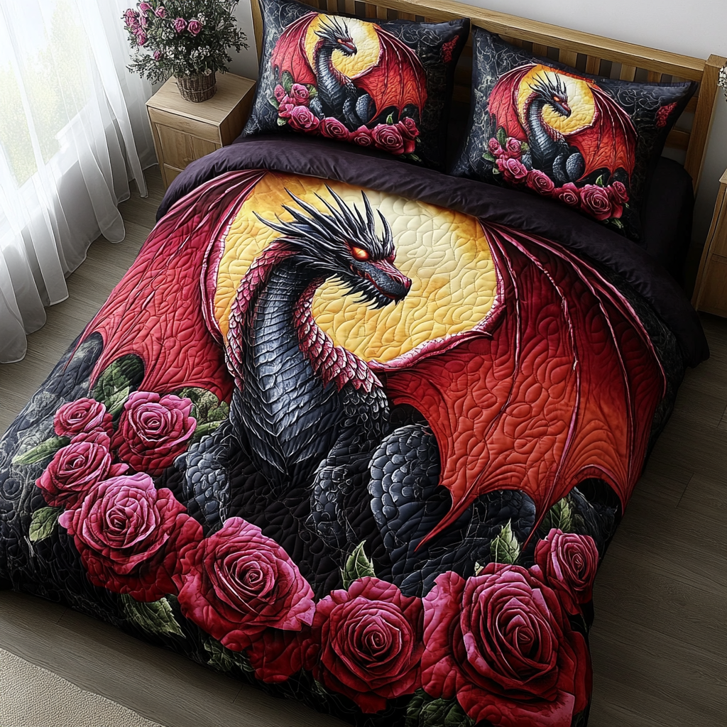 Crimson Flame Dragon Quilted Bedding Set Elegant Bed Linen Set for Cozy Nights