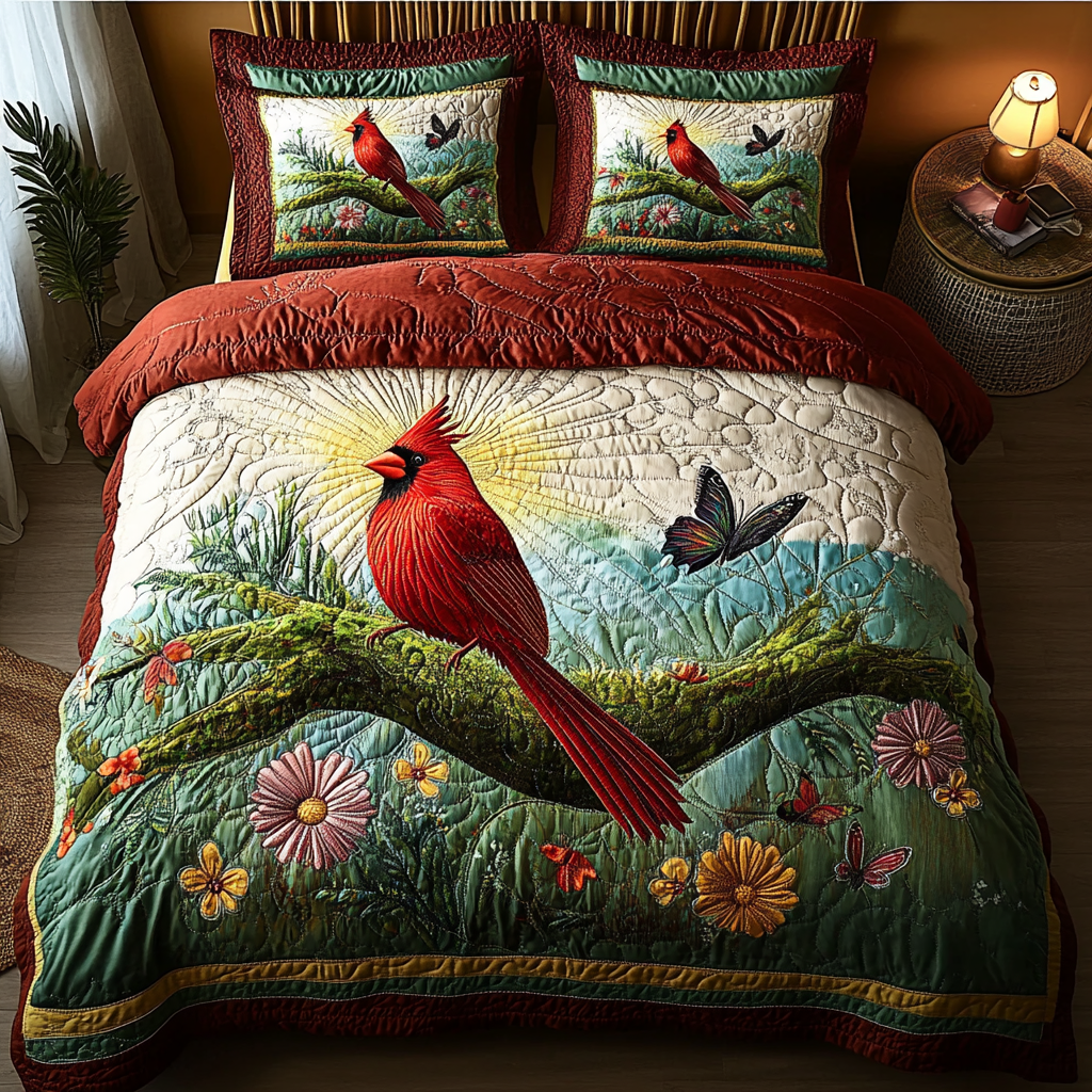 Crimson Flight Quilted Bedding Set Best Christmas Duvet Cover Set Unique Cardinal Gifts